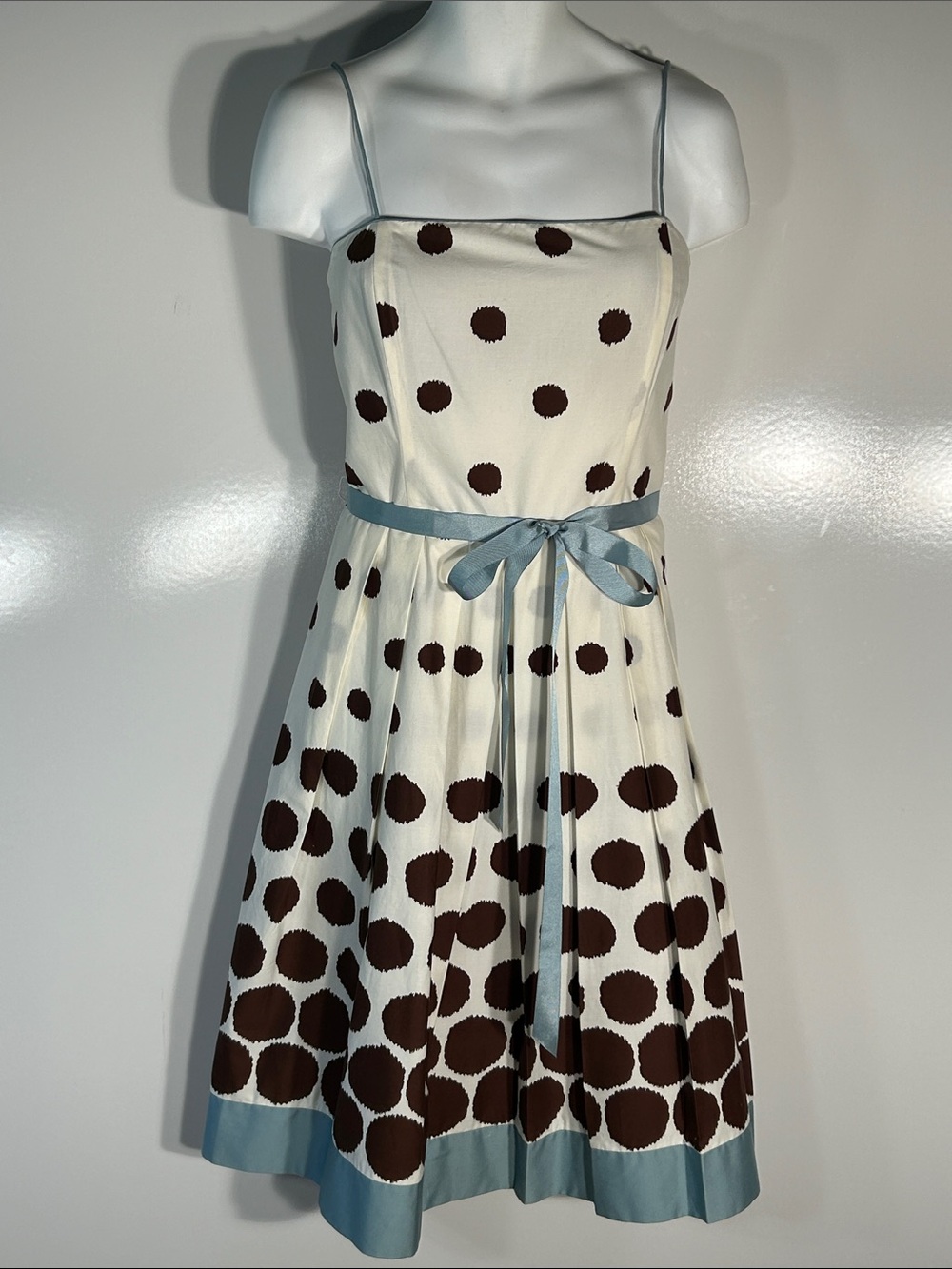 Jessica Howard Cream Dress with Brown Polka Dots and Blue Trim